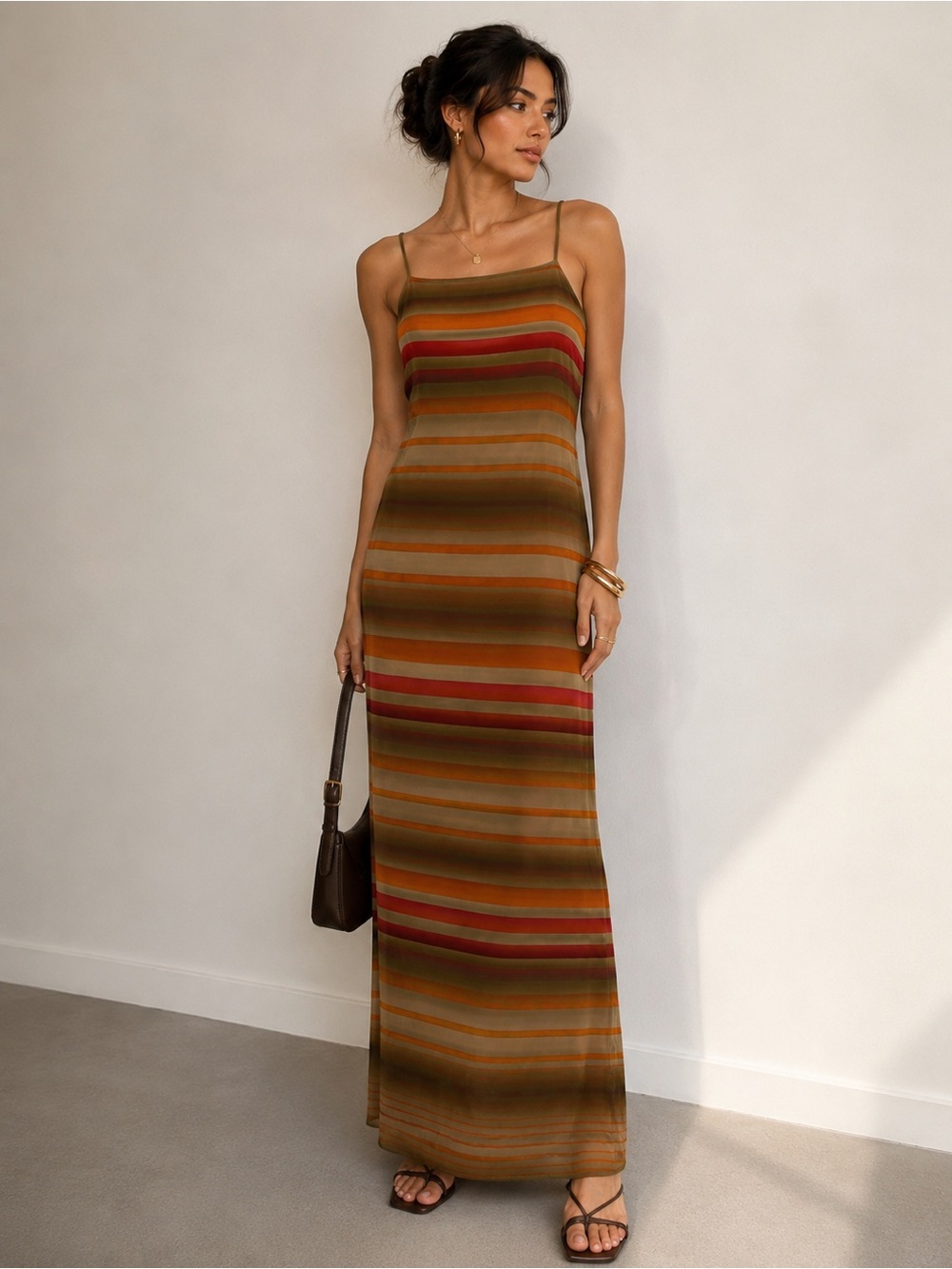 Zara Olive, Rust & Red Striped Maxi Slip Dress